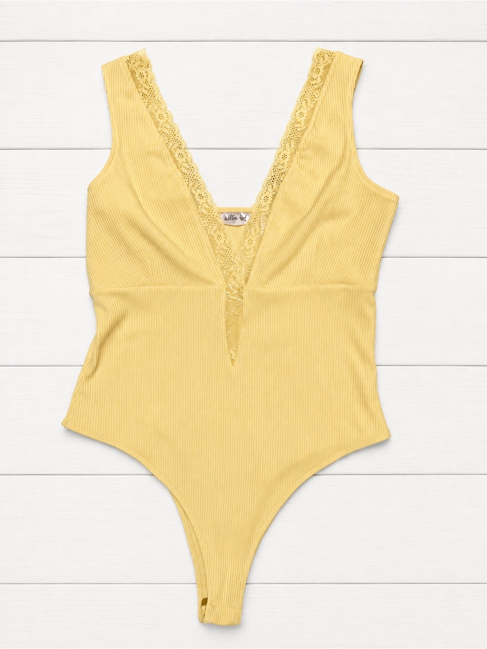Willow Yellow Ribbed Lace-Trim One-Piece Bodysuit